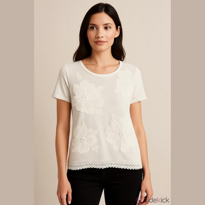 Alfred Dunner White Floral Appliqué Short Sleeve Tee
